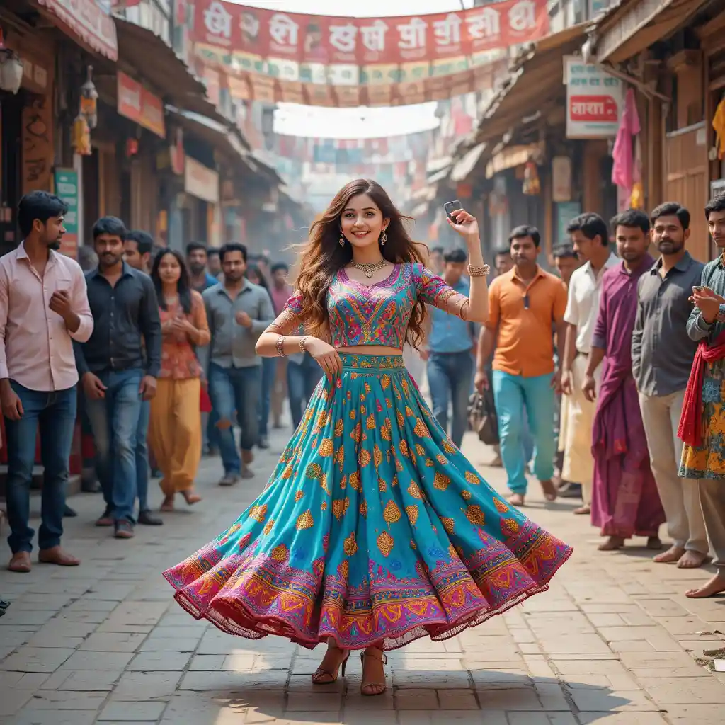 Young girl dancing confidently in a busy street market