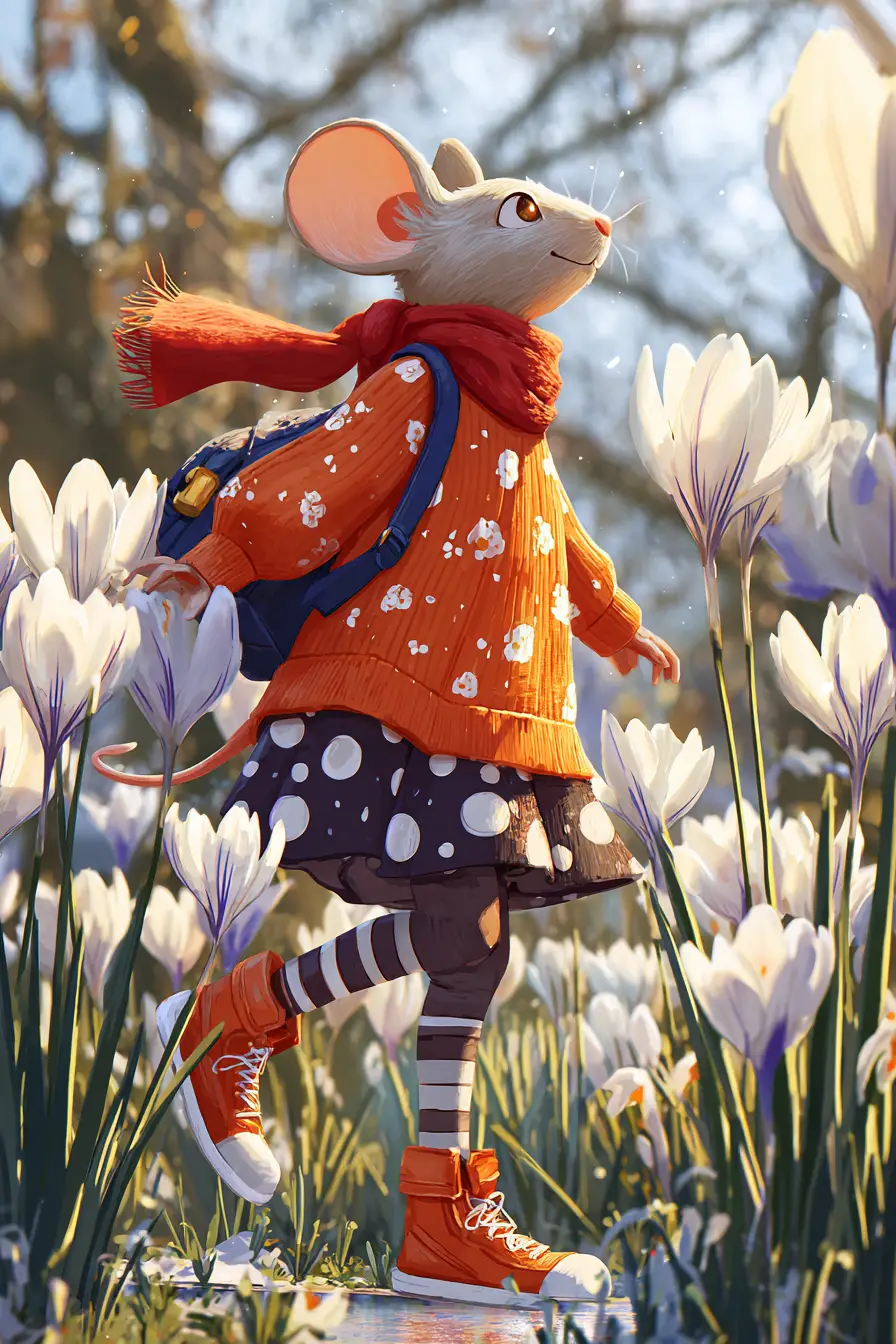 Anthropomorphic mouse walking through a flower filled park