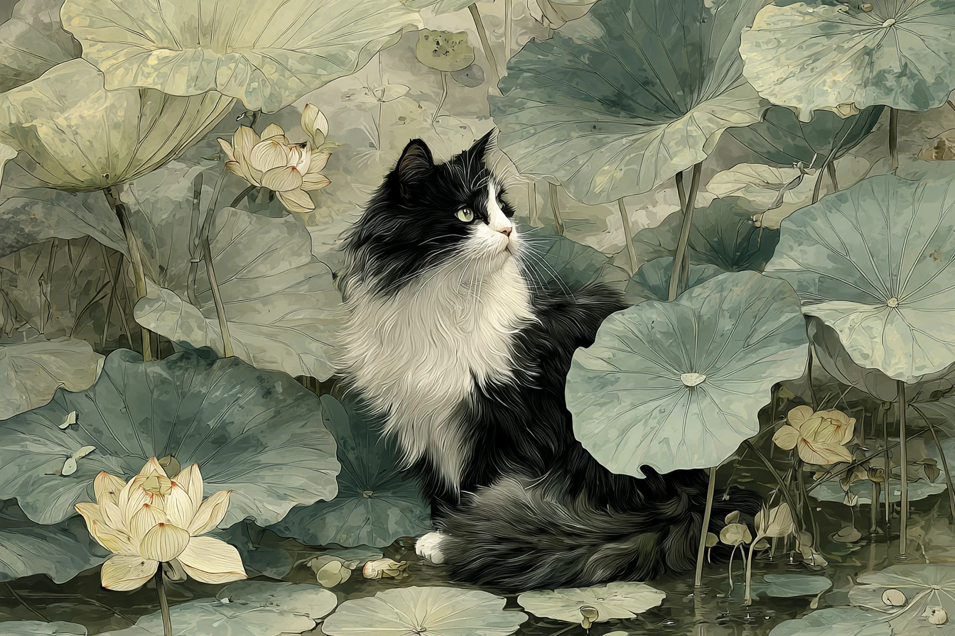 Gato entre hojas de loto en serena escena de estanque al estilo tinta