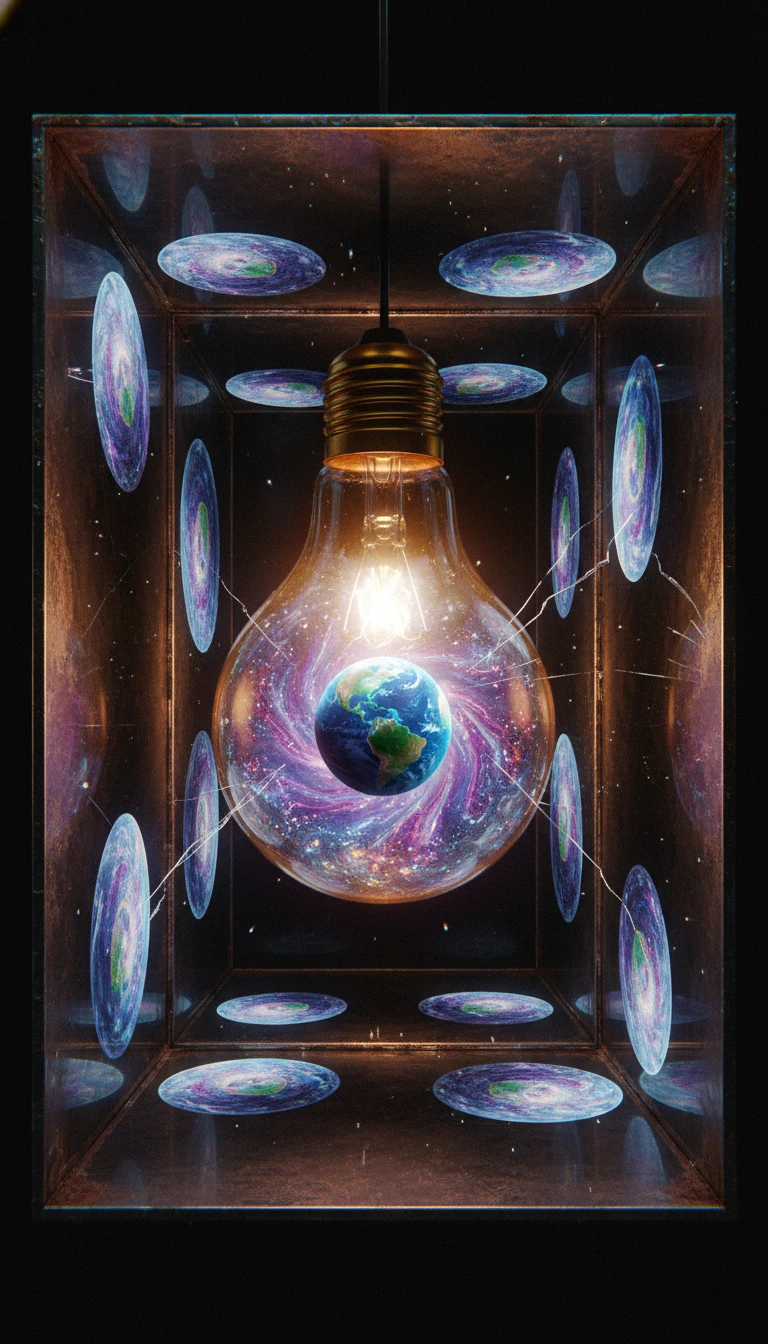 Surreal glowing light bulb containing a tiny floating Earth
