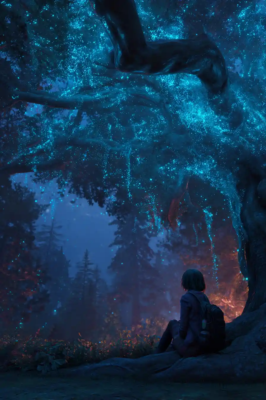 Donna in lutto sotto un antico albero nella notte