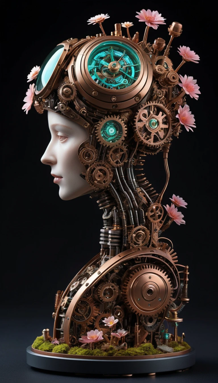 Cabeza de robot steampunk con un diminuto jardín mecánico