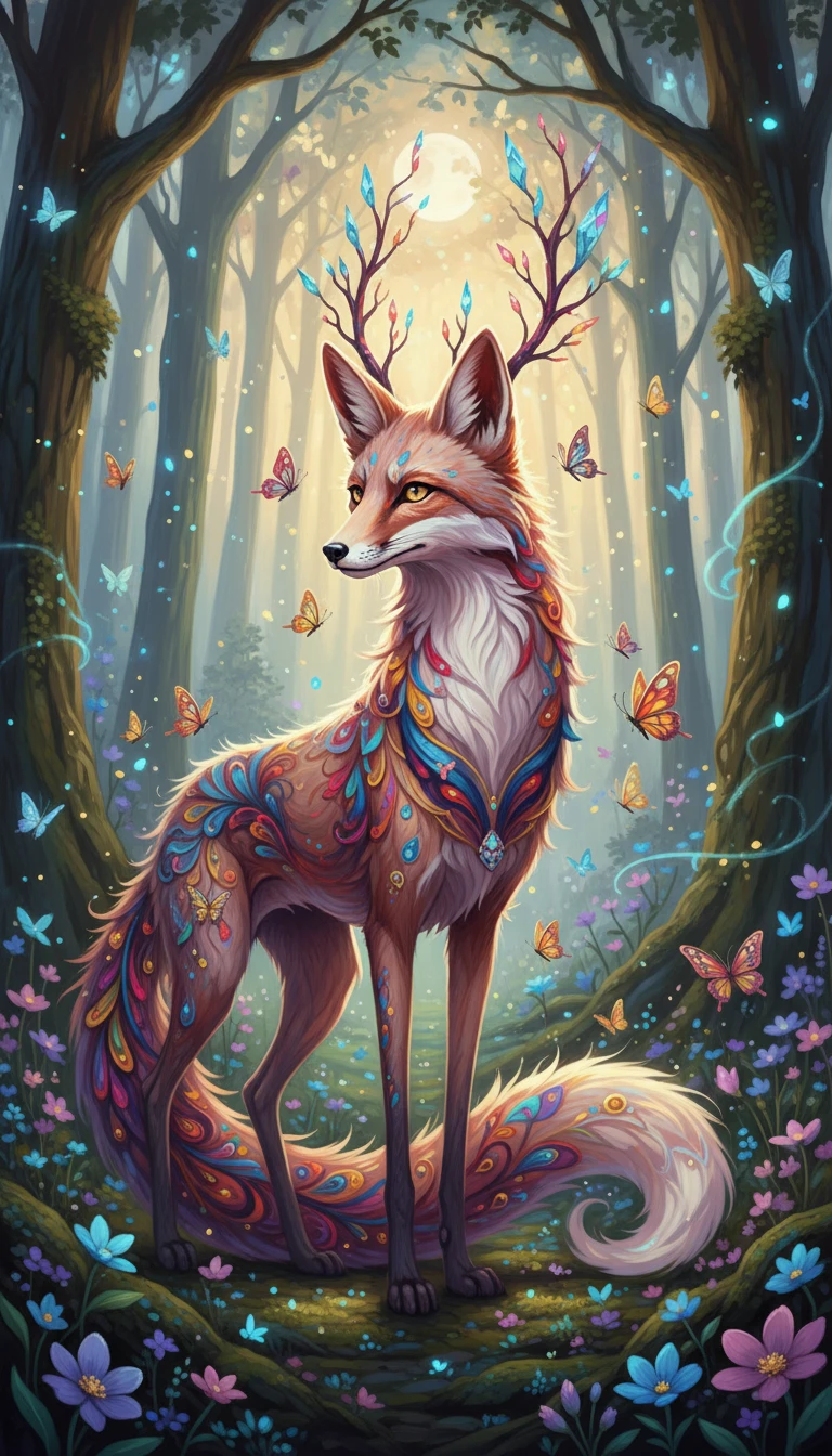 Raposa rosa mítica em uma floresta mágica de vagalumes