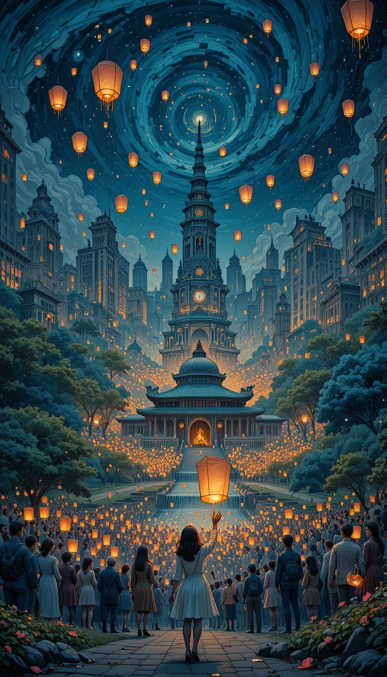 Girl releasing glowing lanterns in a sci fi city park