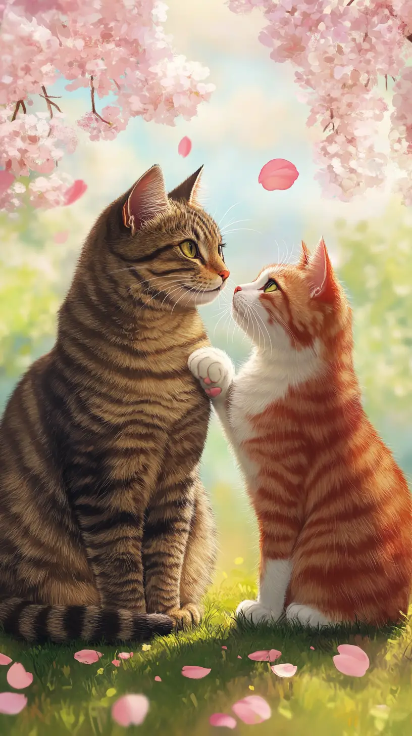 Two cats resting under blooming cherry blossoms