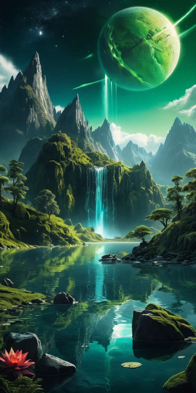 Planeta verde brillante sobre montañas puntiagudas y lago en calma