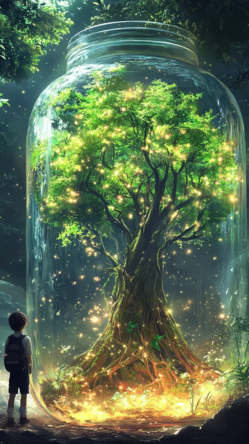 Boy Watching Magical Forest Inside Giant Glass Jar