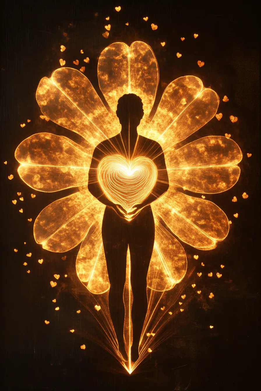 Golden rose light blooming softly around a central figure