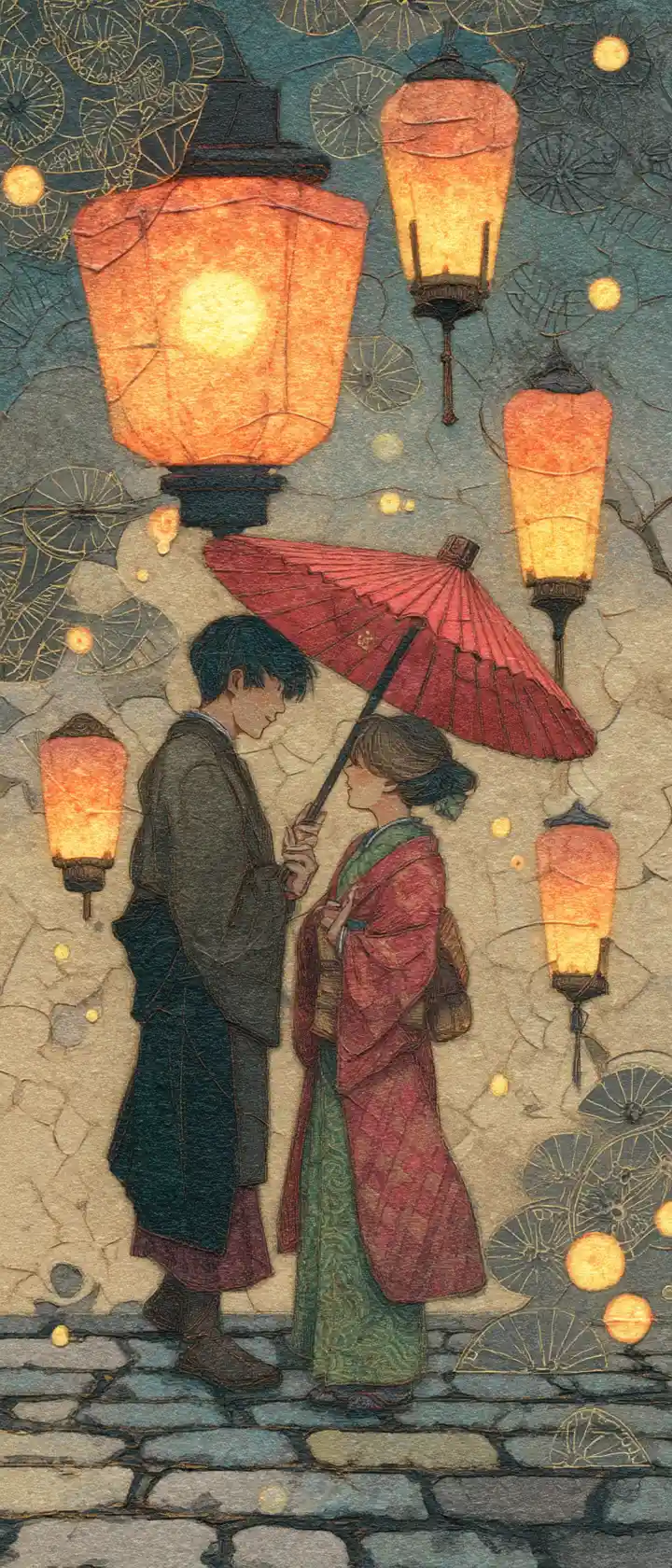 Two strangers share an umbrella on a lantern lit cobblestone street