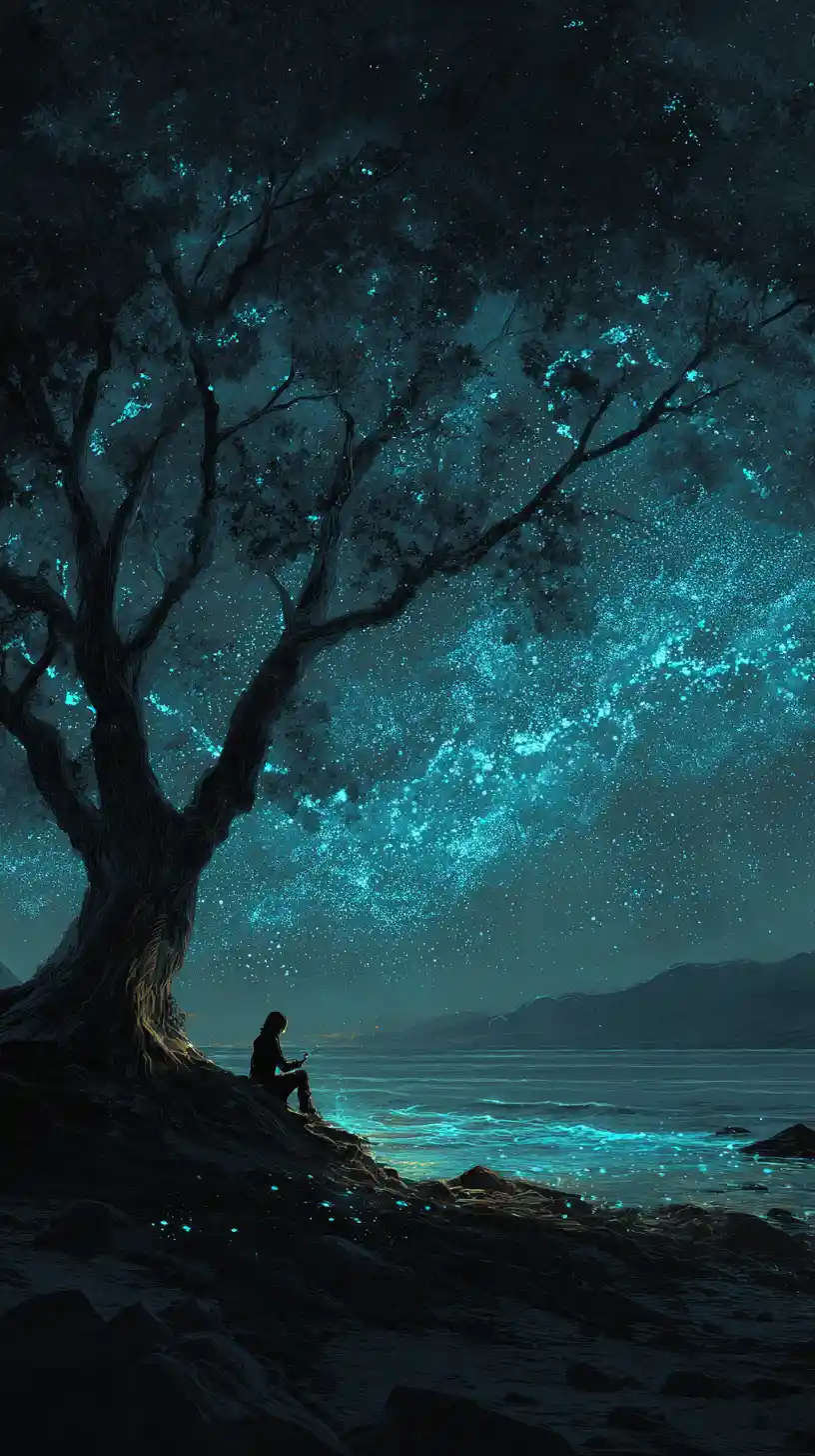 Sacred grief beneath an ancient tree under glowing stars