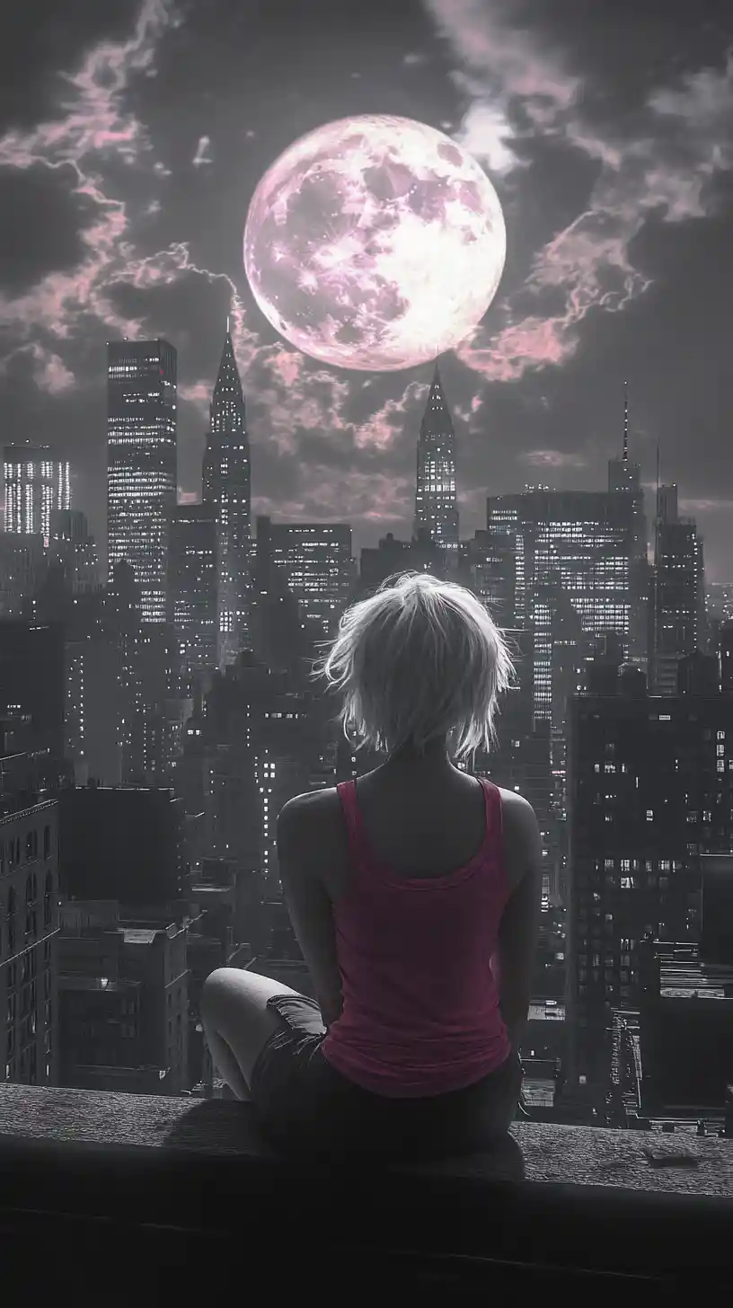 Junge Frau auf einer Stadtdachterrasse unter leuchtendem Vollmond