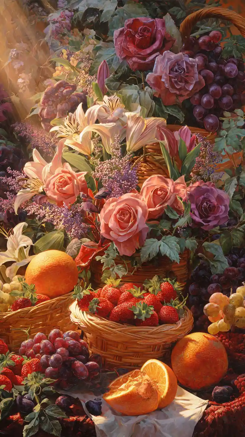 Floral still life with fruit in warm golden light
