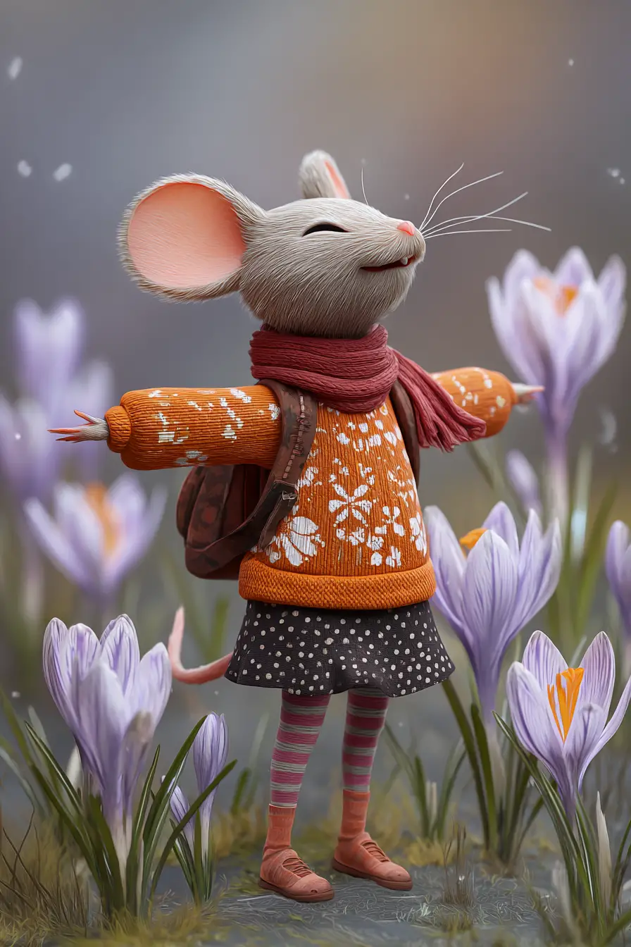 Anthropomorphic mouse girl walking in a spring park