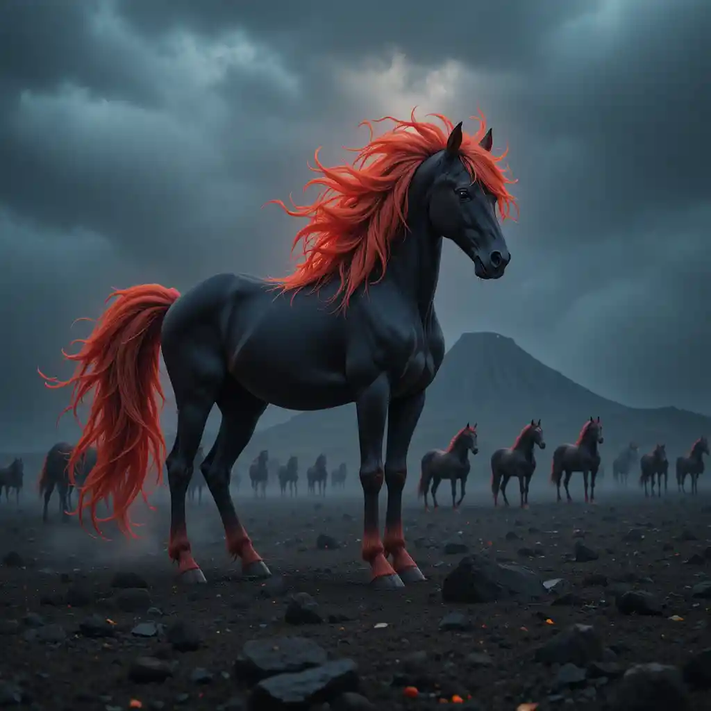 Black horse with flaming red mane near dormant volcano
