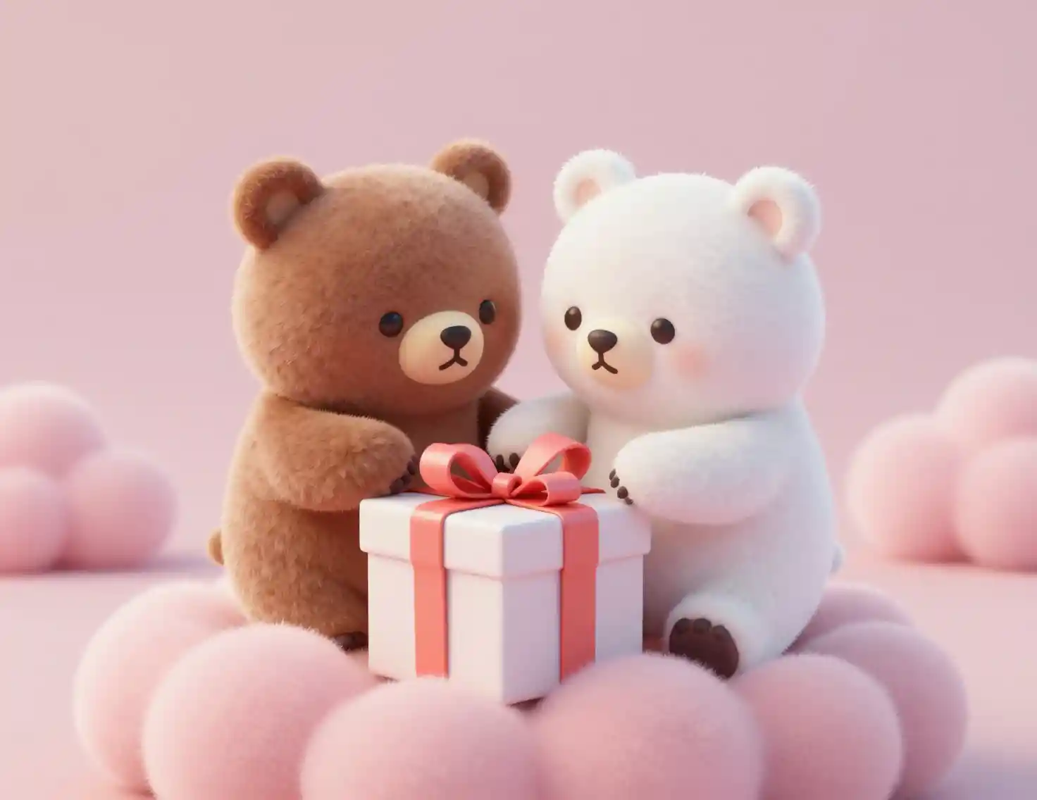 Cute brown and white bears opening a present on clouds