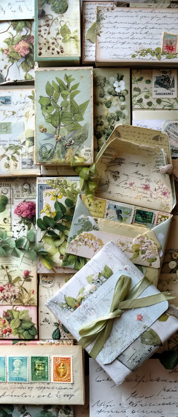 Vintage letters spilling from envelope into hidden garden
