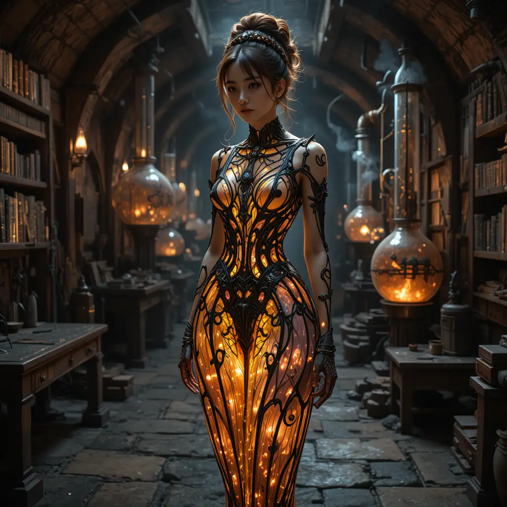 Korean alchemist woman glowing in a subterranean crypt workshop