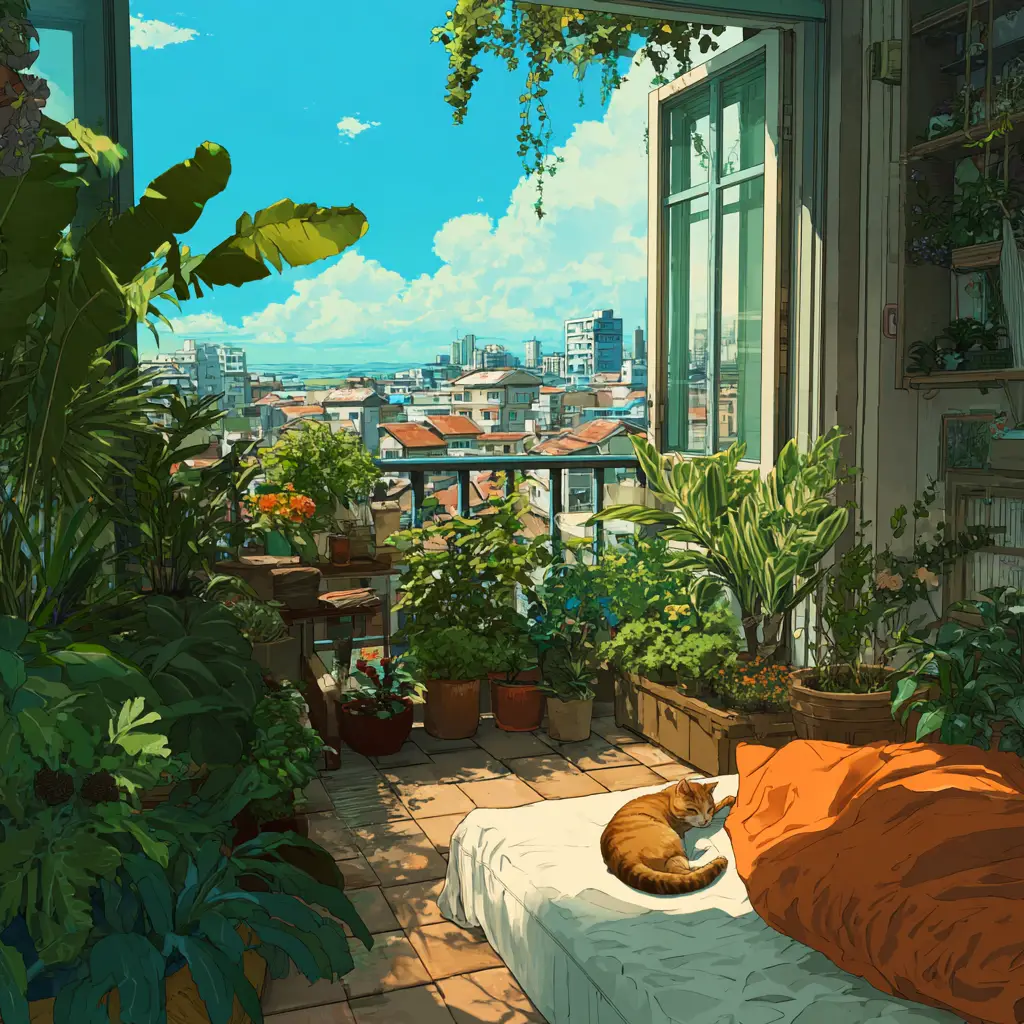 Summer anime balcony bedroom with relaxed coastal view