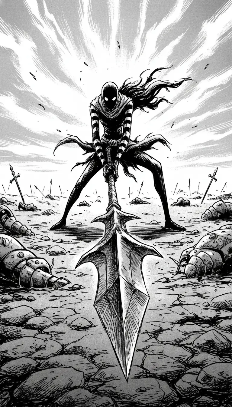 Lone stickman warrior charging across a ruined battlefield