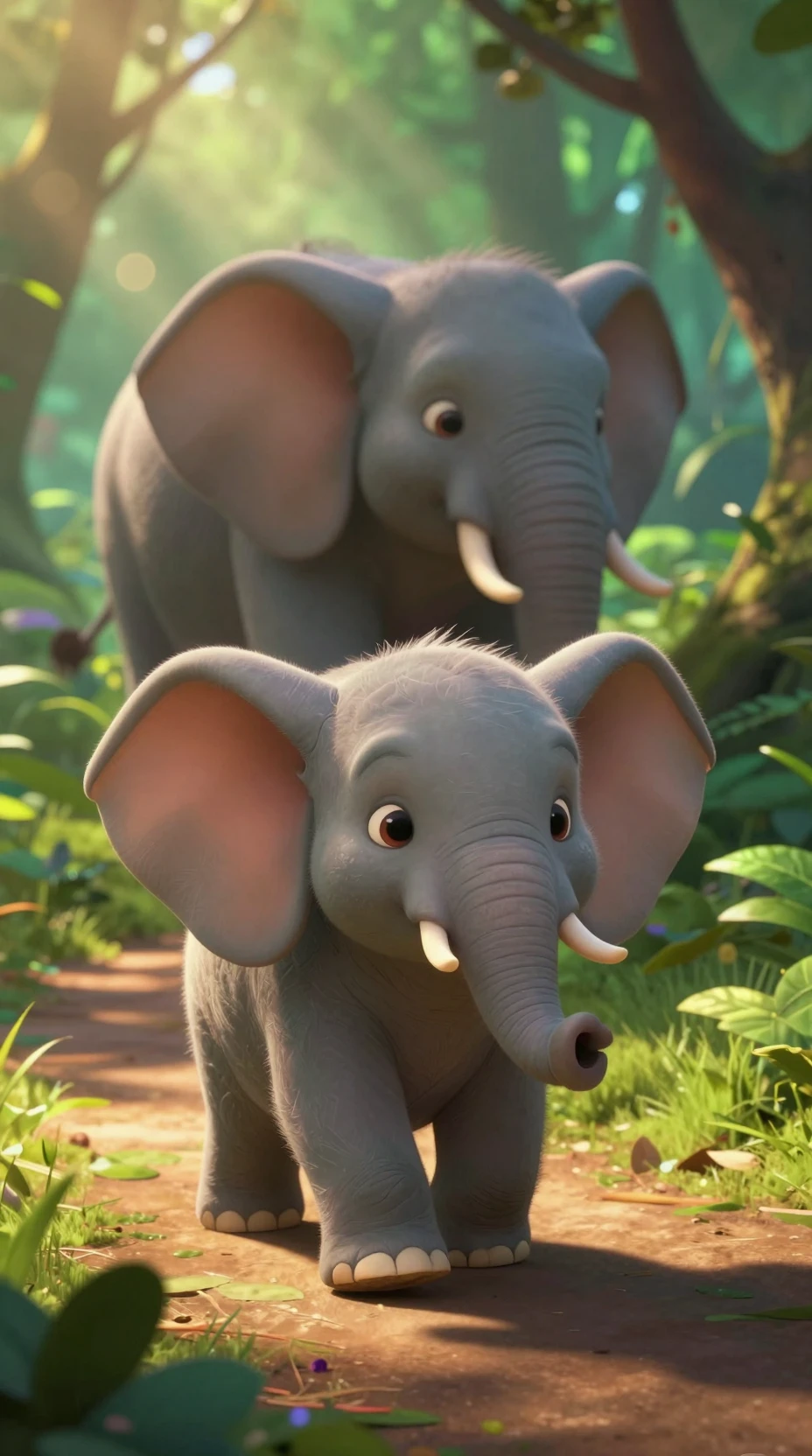 Filhote de elefante em uma trilha de floresta iluminada pelo sol com a mãe atrás
