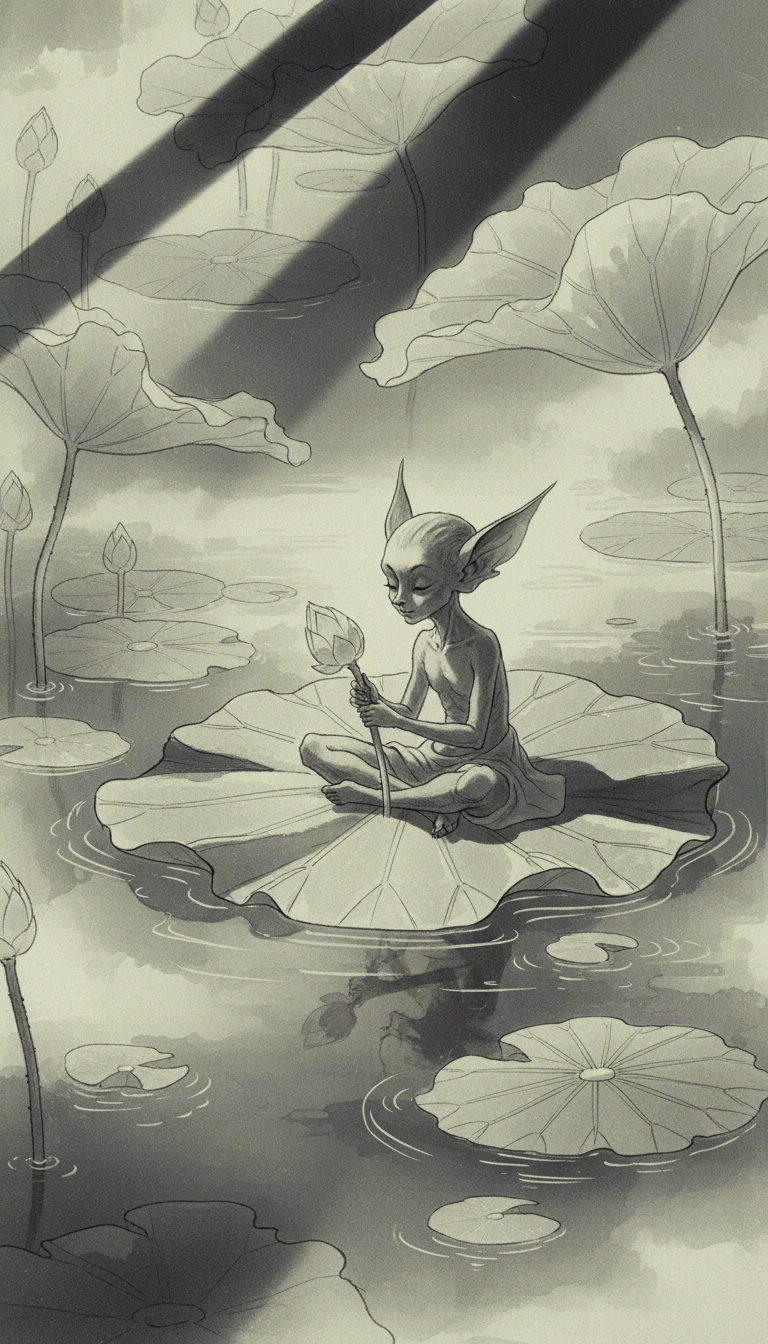 Ethereal pixie like cat among lotus leaves in pond