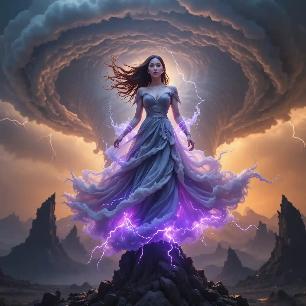 Storm goddess commanding lightning atop crystalline spire