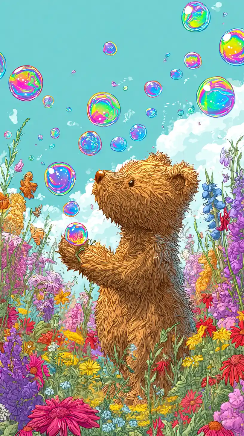 Süßer Teddybär, der in einer Blumenwiese Seifenblasen pustet