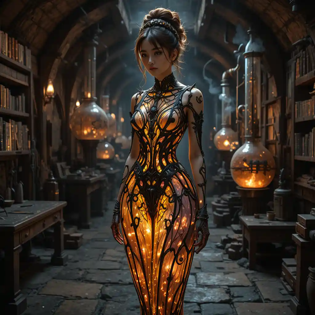 Leuchtende koreanische Alchemistin in einer unterirdischen Krypten‑Werkstatt