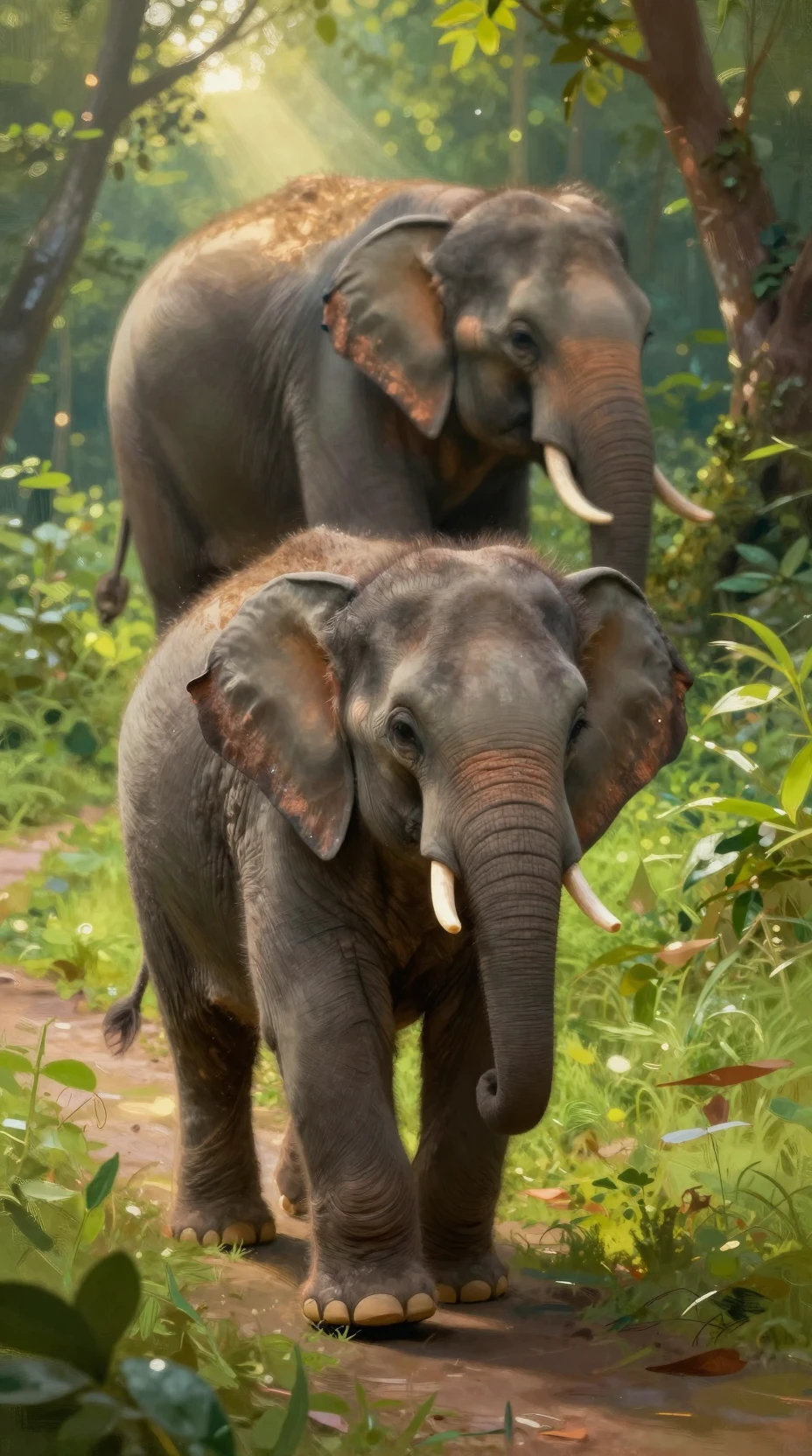 Filhote de elefante caminhando em uma trilha de floresta ensolarada