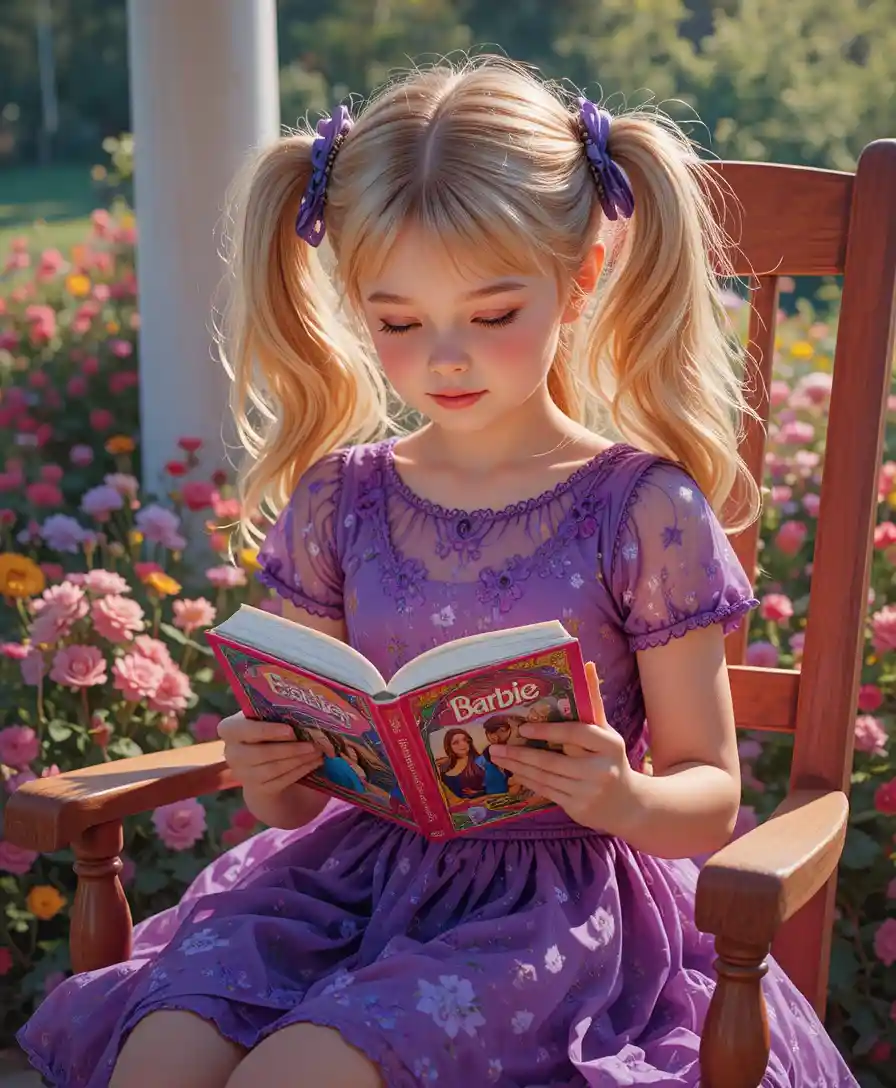 Cute blonde girl reading on a porch rocking chair