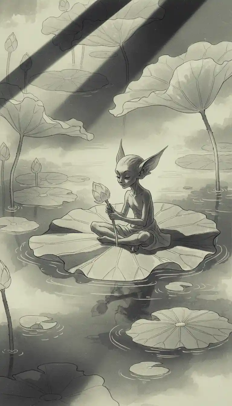Ethereal pixie like cat among lotus leaves in pond