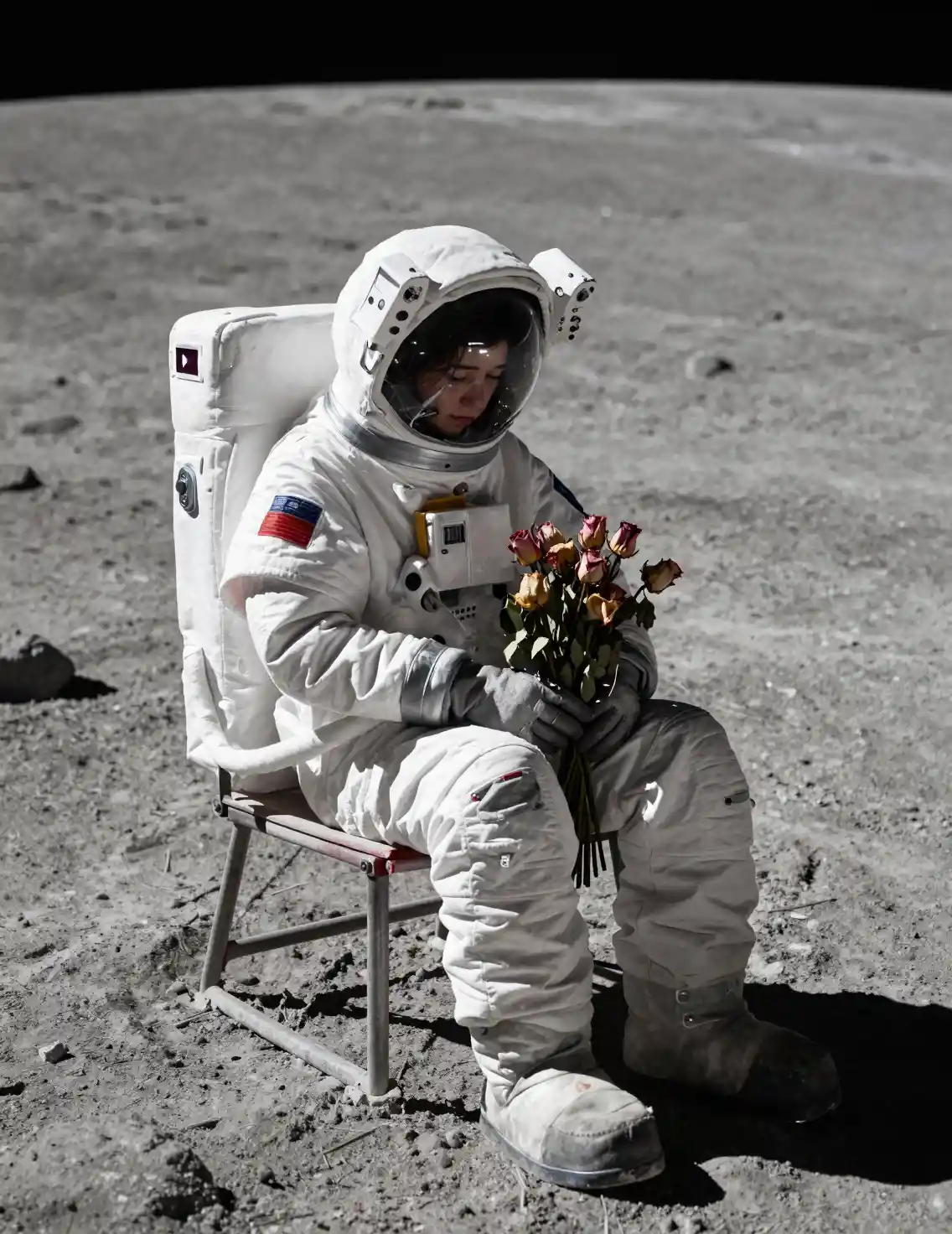 Melancholic astronaut with wilted roses on the lunar surface
