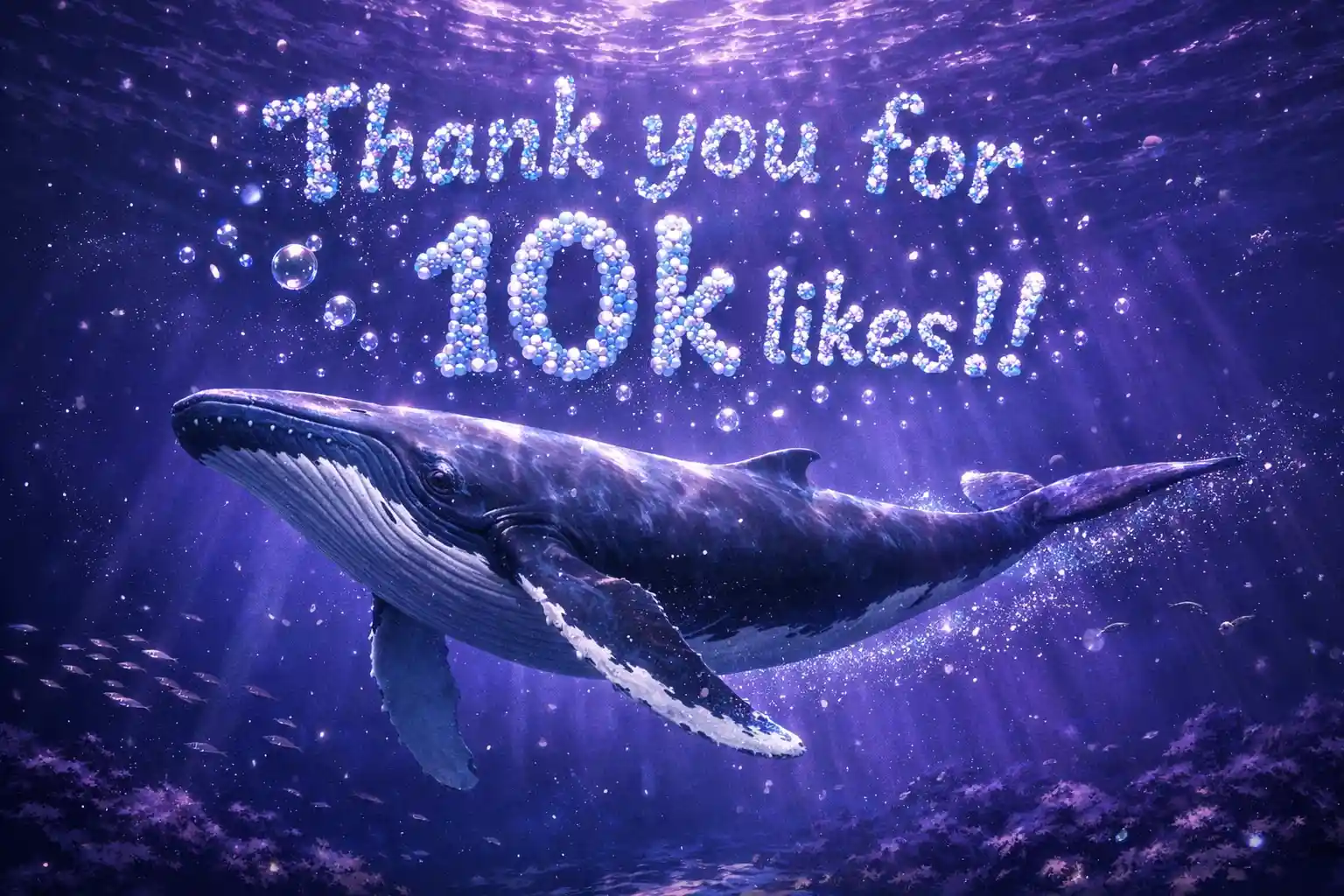 Whale Swimming Through Sparkling Dark Blue Sea With Bubbles Text