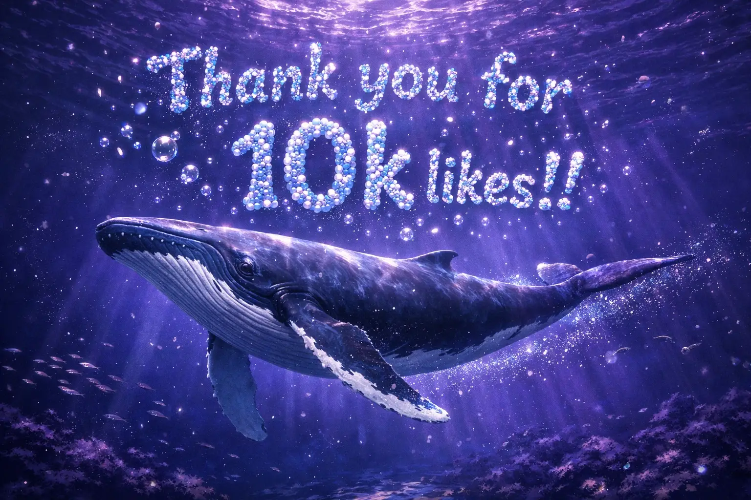 Whale Swimming Through Sparkling Dark Blue Sea With Bubbles Text