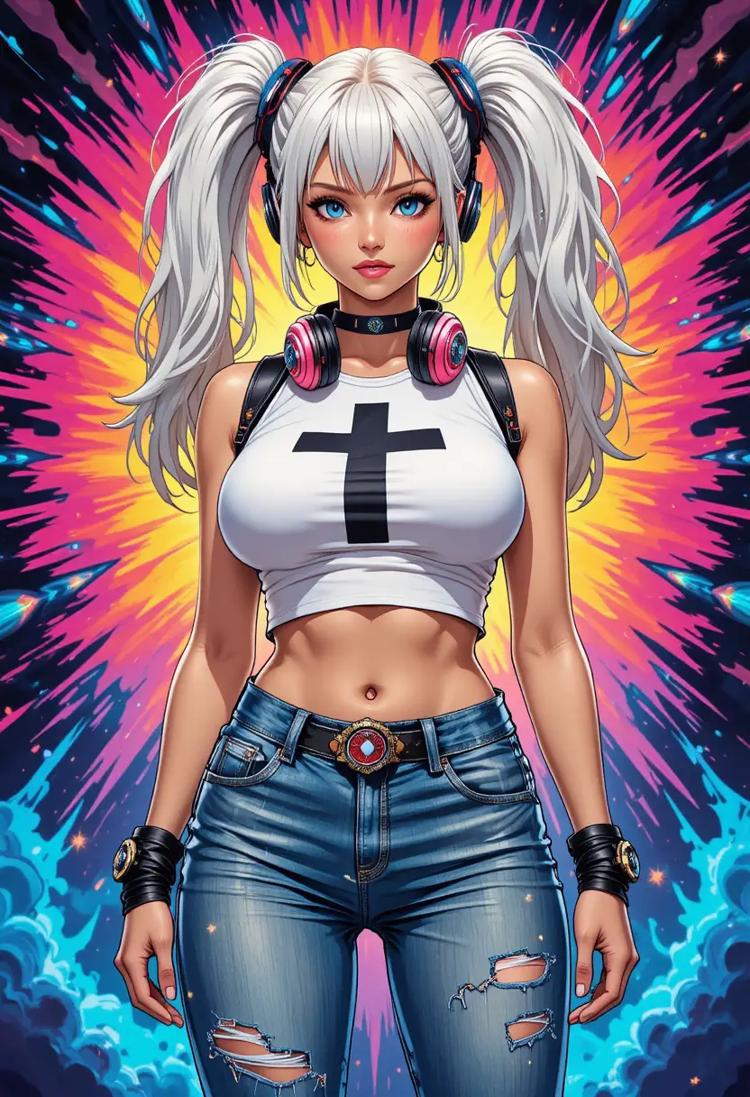 Confident anime woman in streetwear with psychedelic colors