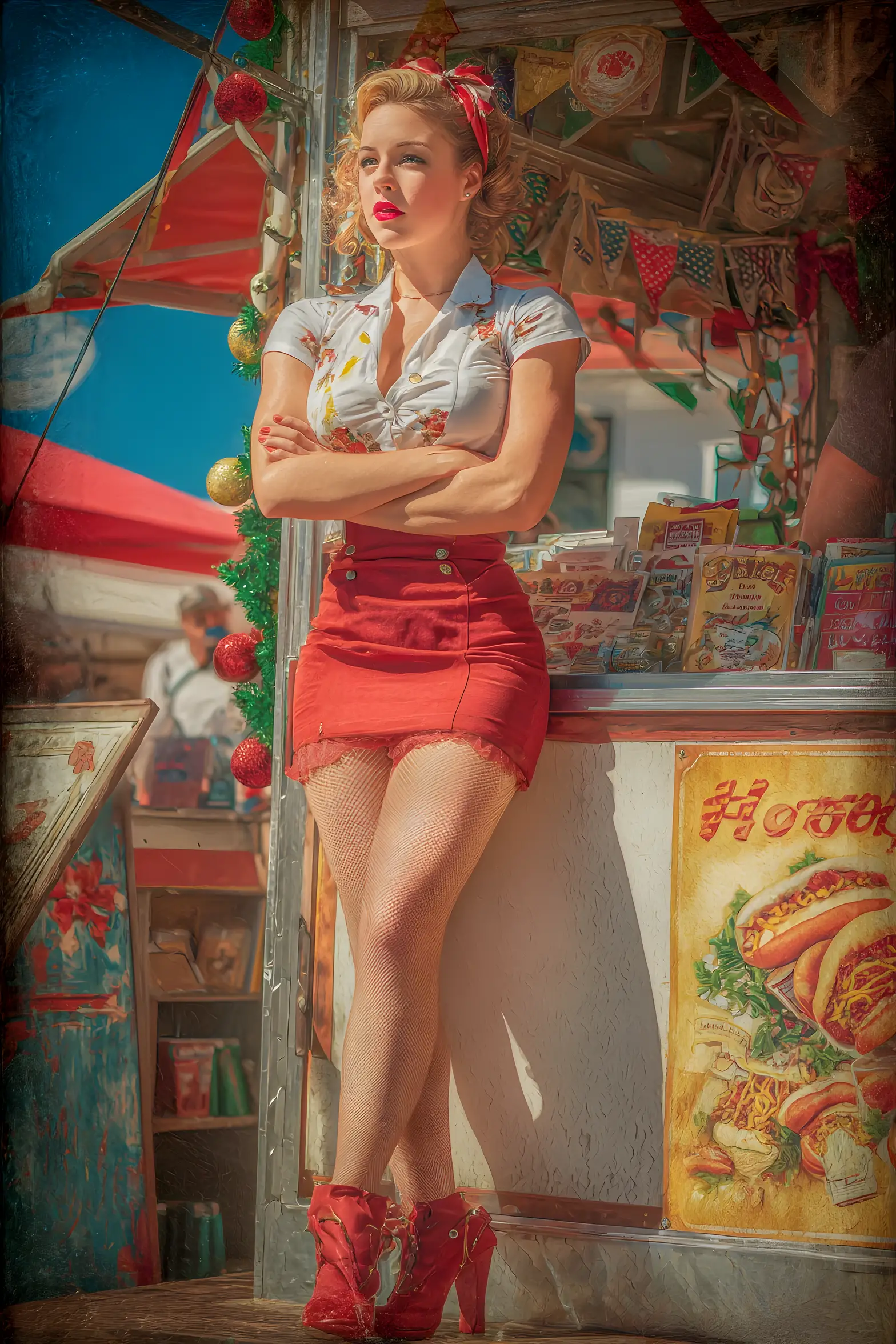Glamorous calendar girl leaning against street hot dog stand