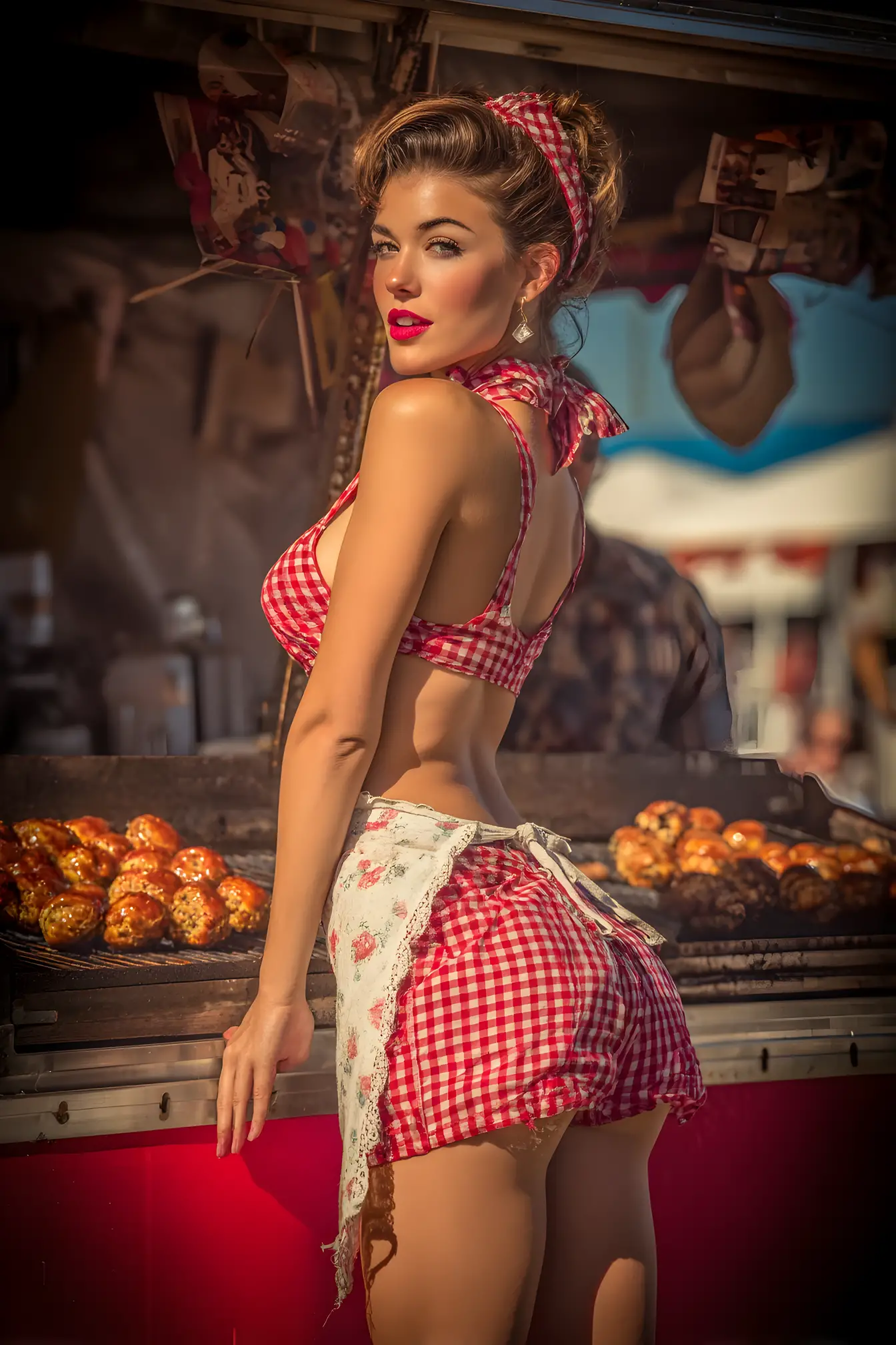 Pin up calendar girl leaning against street hot dog stand