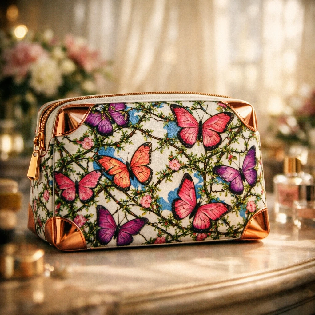 Butterfly makeup bag on a bright feminine vanity table