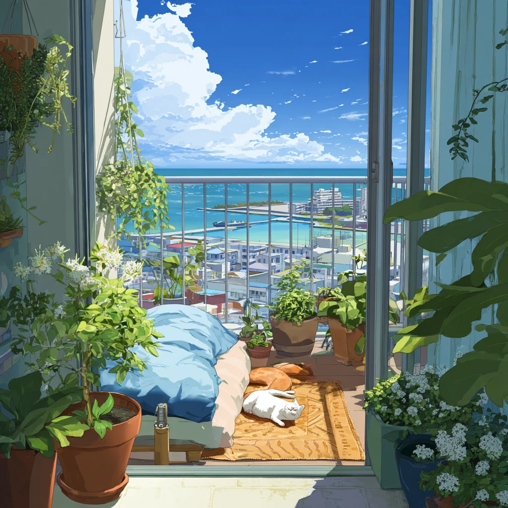 Dormitorio de anime de verano con balcón y chico relajado