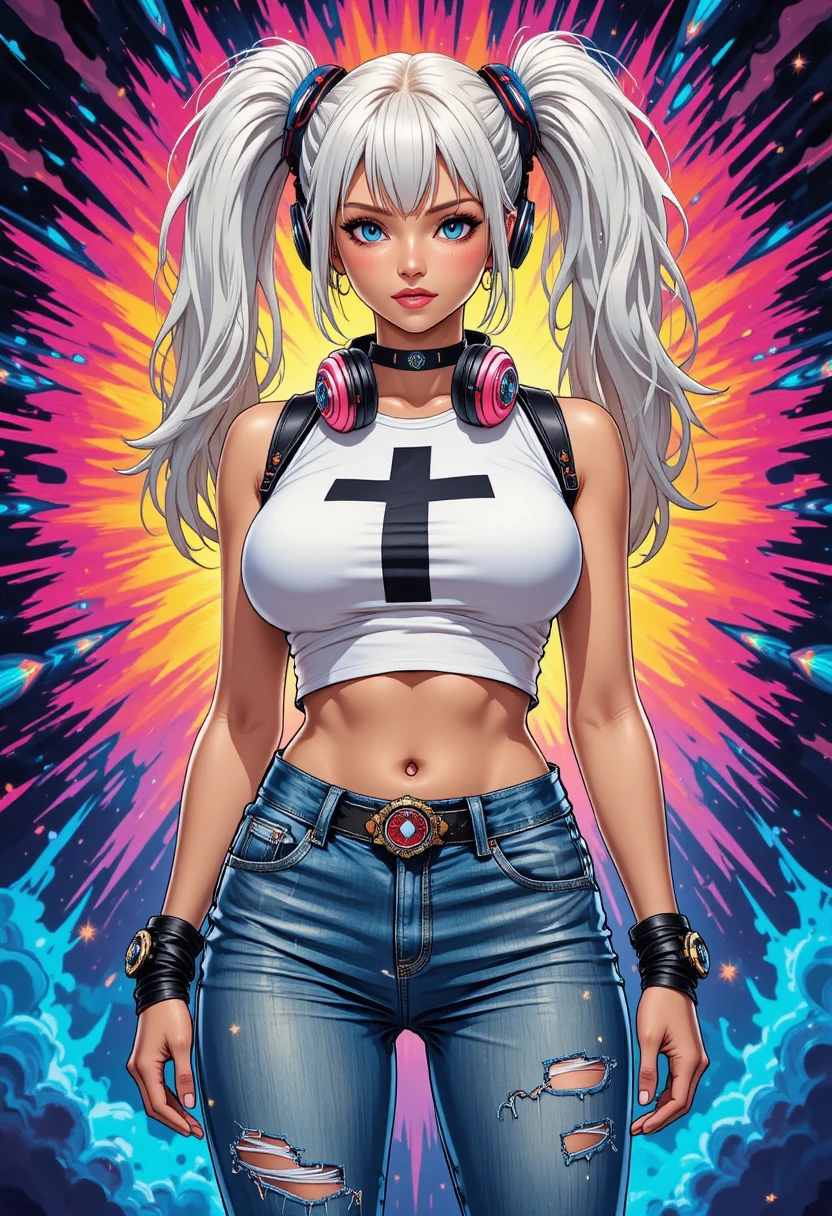 Confident anime woman in streetwear with psychedelic colors