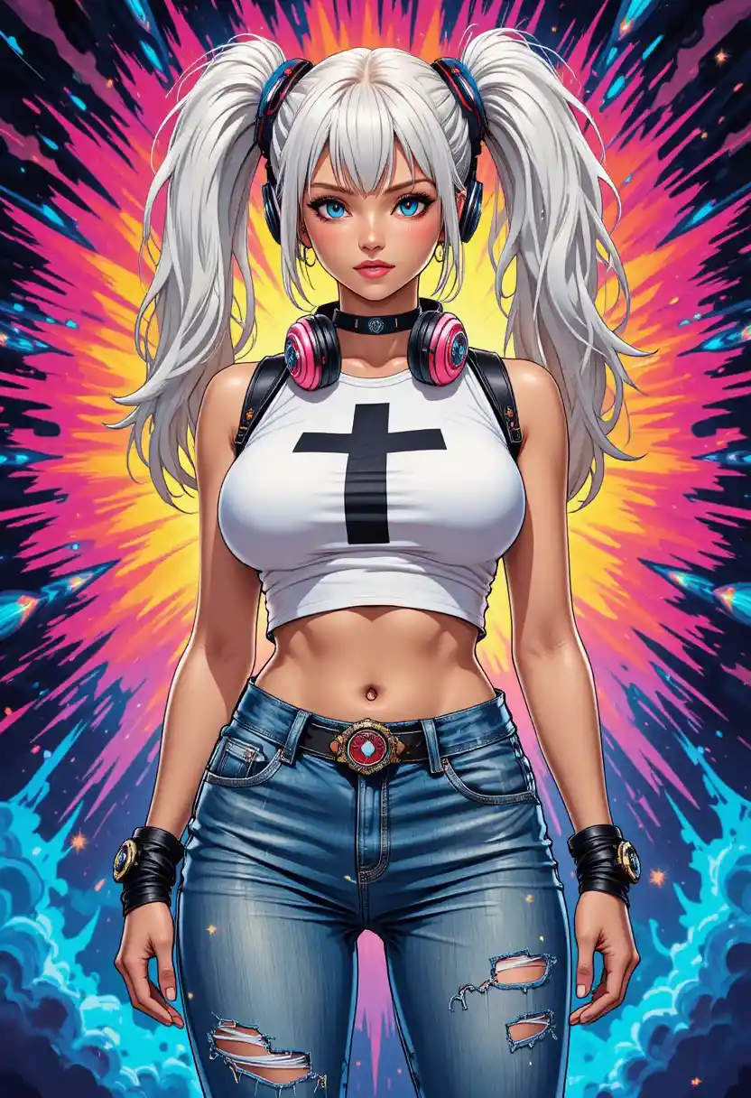 Confident anime woman in streetwear with psychedelic colors
