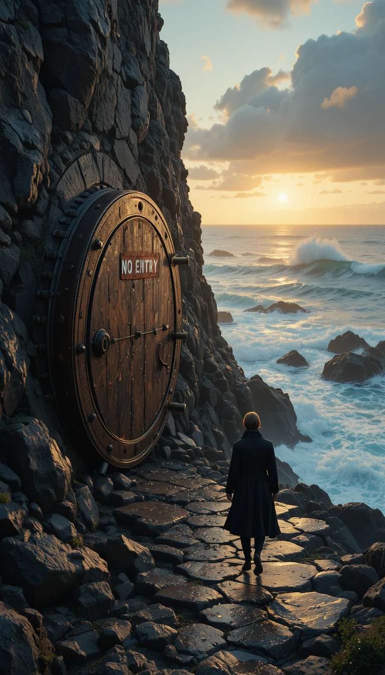 Mysterious figure approaching rusted vault in rocky cliff