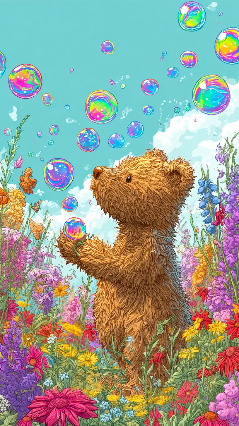 Cute teddy bear blowing bubbles in flower meadow