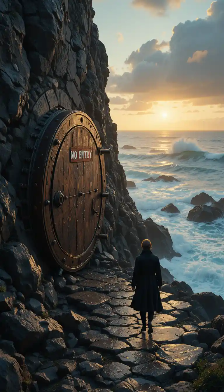 Mysterious figure approaching rusted vault in rocky cliff