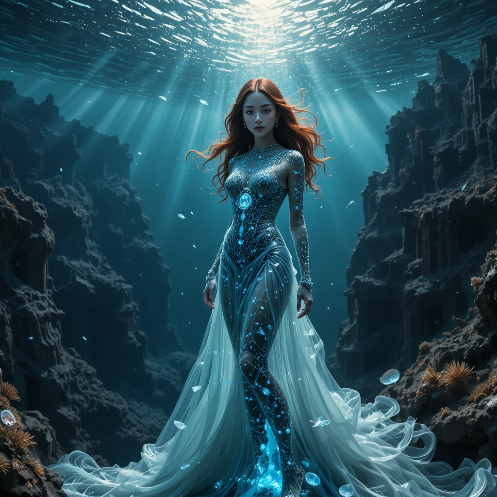 Mujer guardiana bioluminiscente sobre una ciudad abisal sumergida