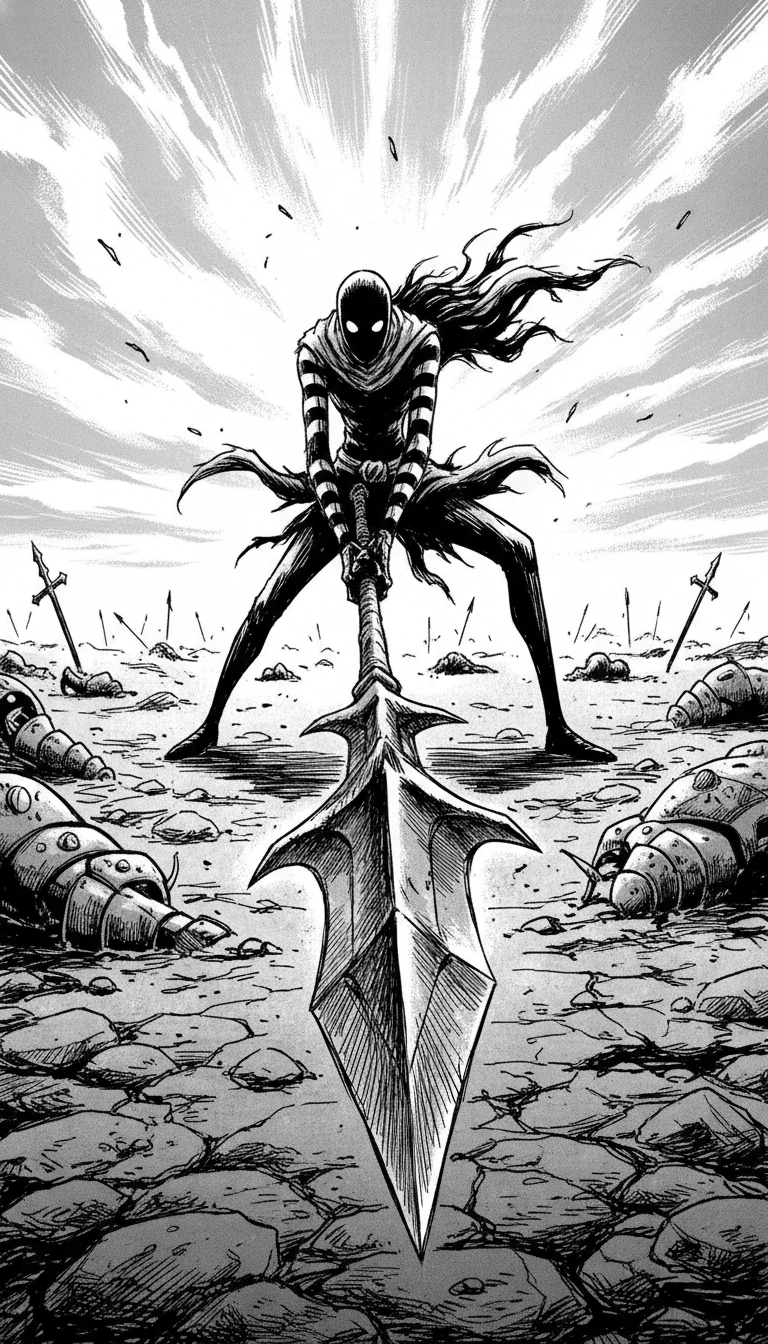 Lone stickman warrior charging across a ruined battlefield