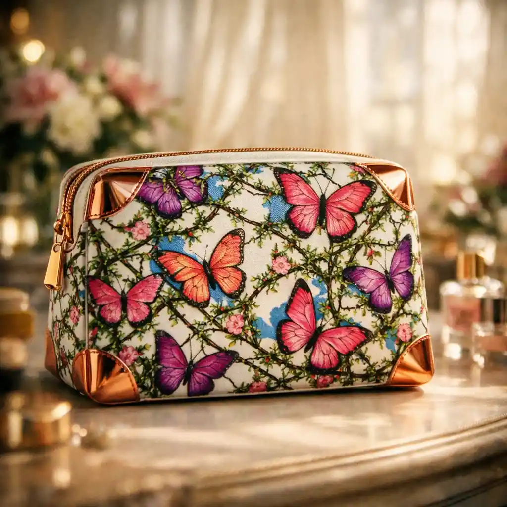 Butterfly makeup bag on a bright feminine vanity table