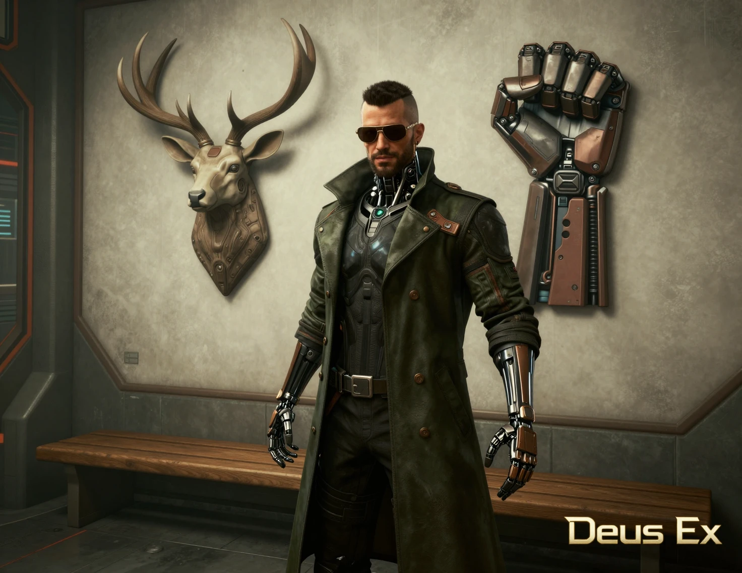 Erweiterter Detektiv posiert in einem futuristischen Cyberpunk‑Raum