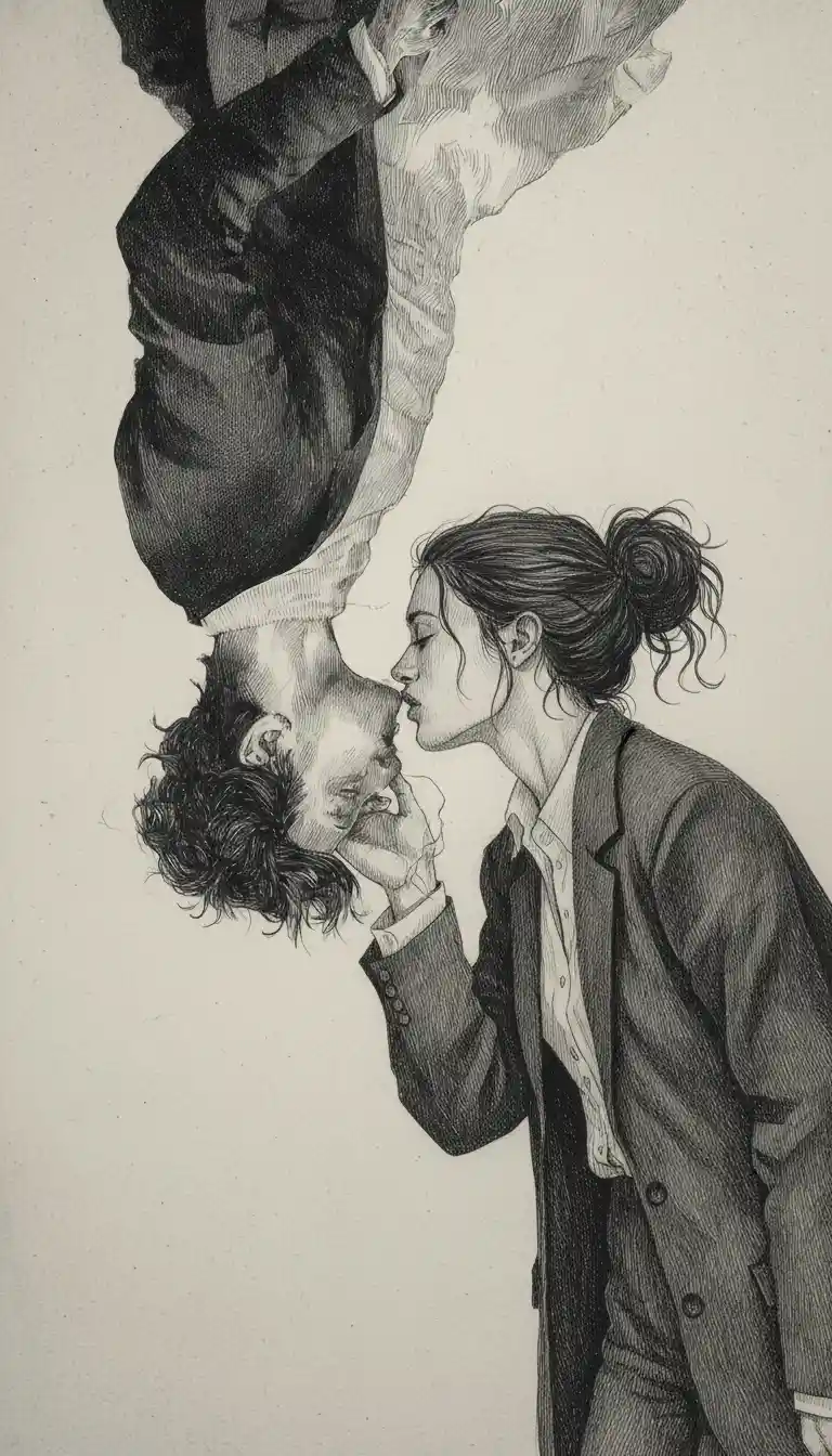 Sketch of a woman reaching up to kiss an upside down man