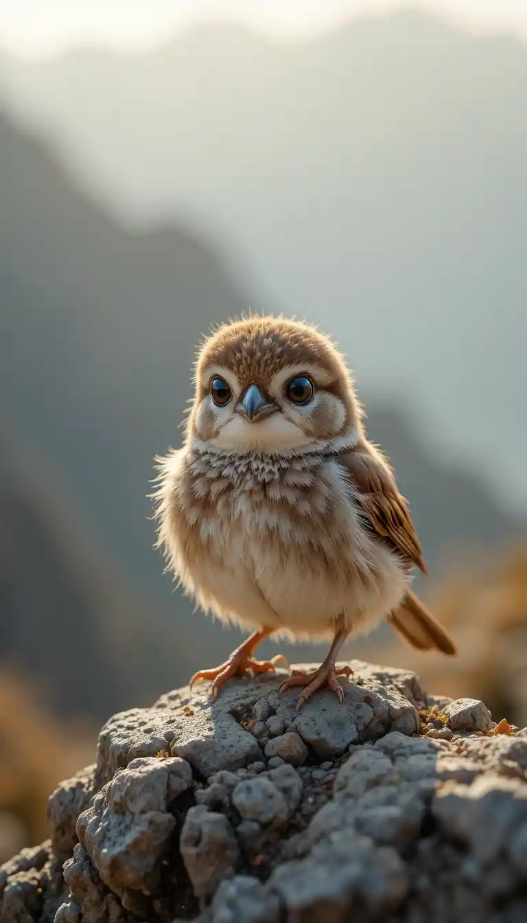 Pequeño gorrión marrón en el borde rocoso de una montaña con luz cálida